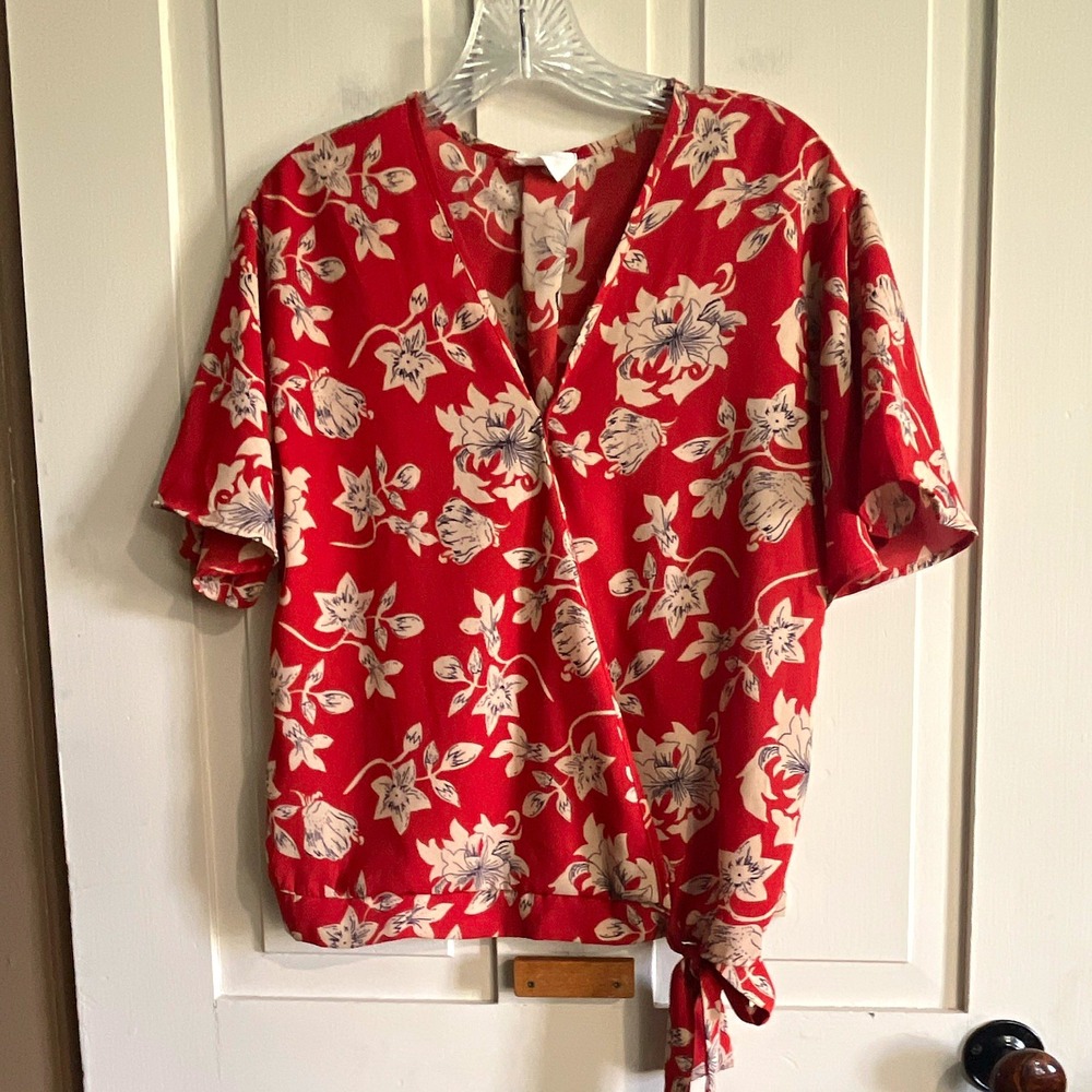 Sienna Sky Womens V-Neck Wrap Blouse Short Sleeve Red White Floral Tie M